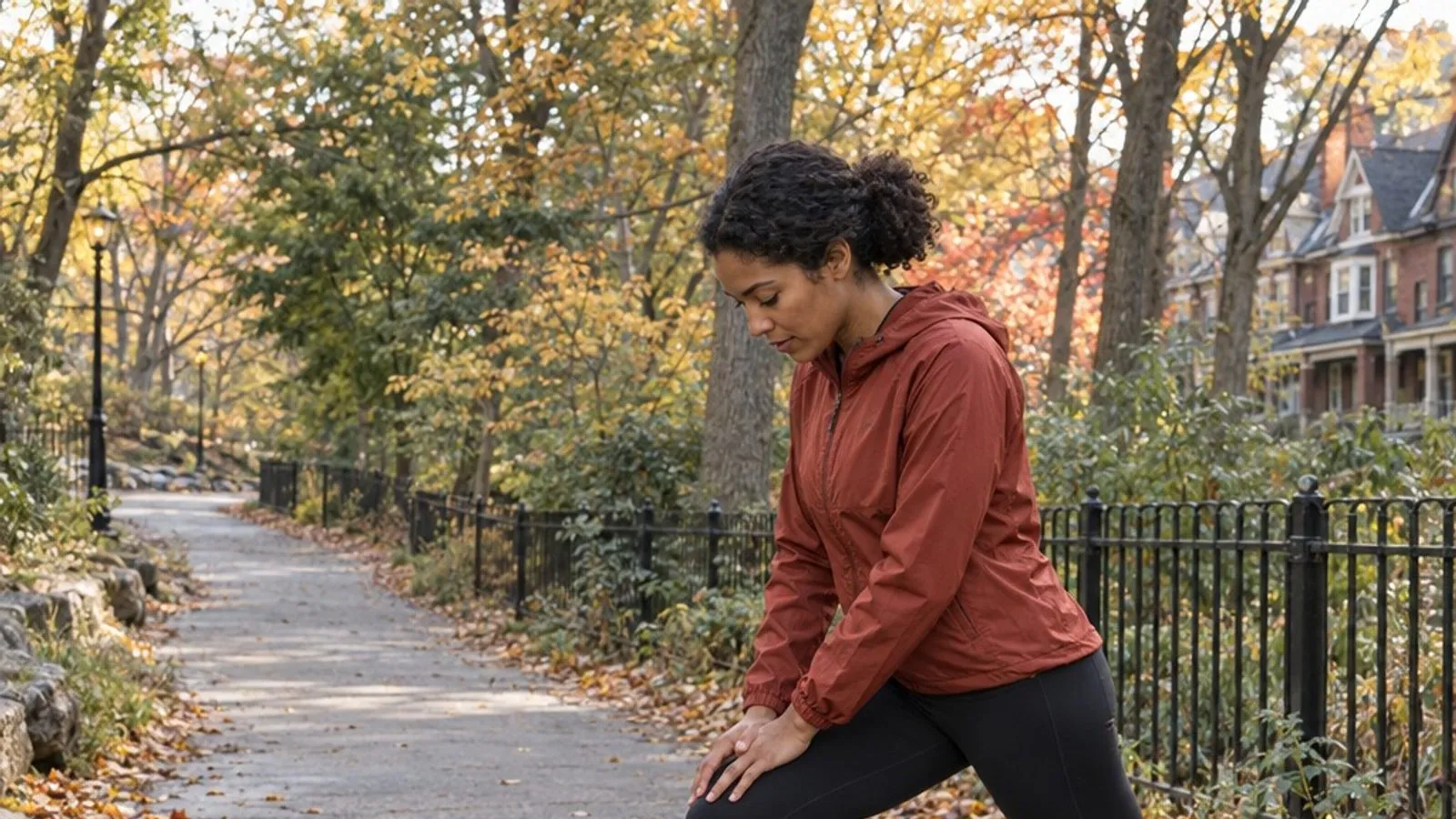 A runner doing a calf warm up on a path beside High Park