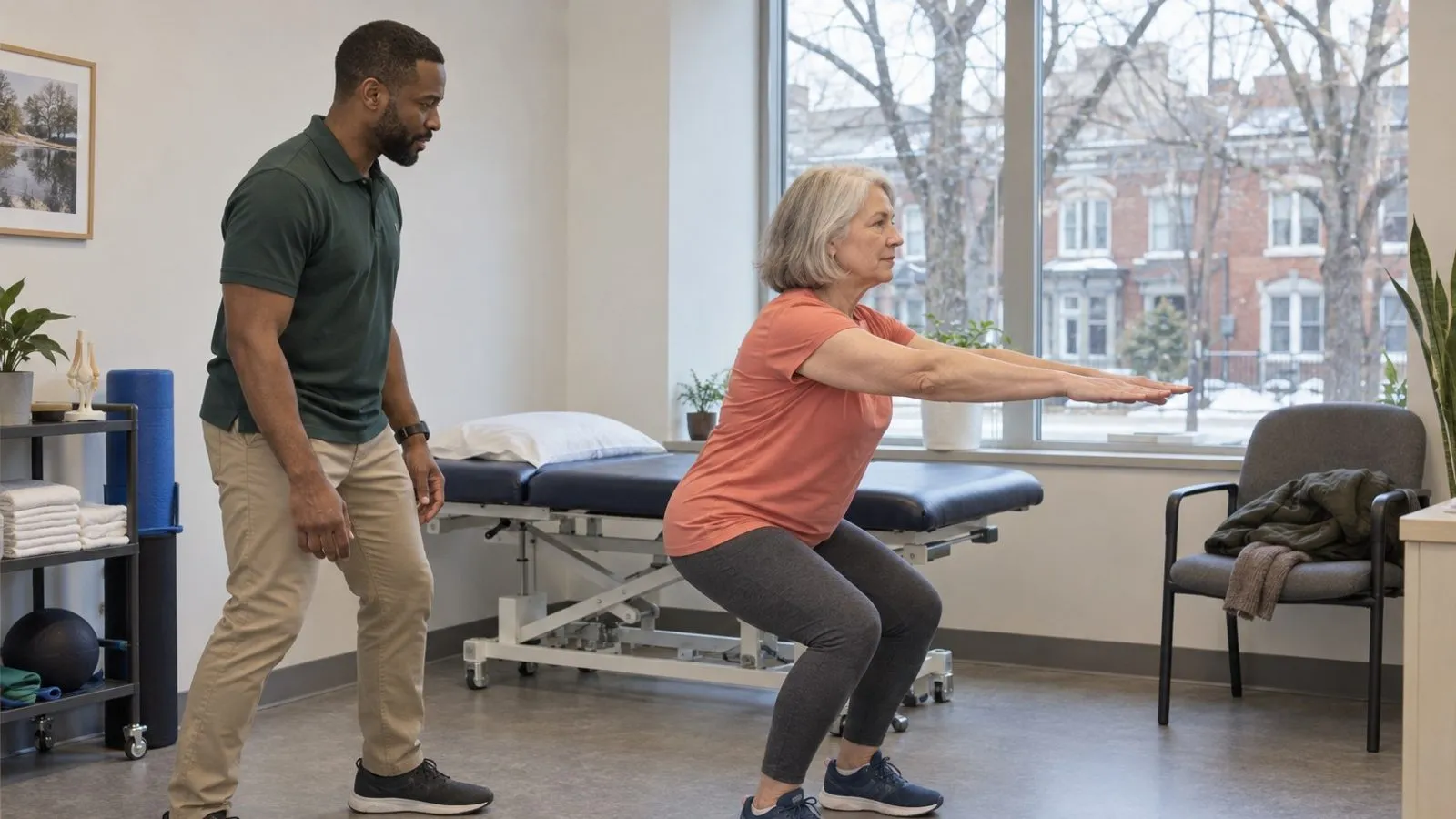 A physiotherapist watching a patient do a shallow squat during a first visit movement check
