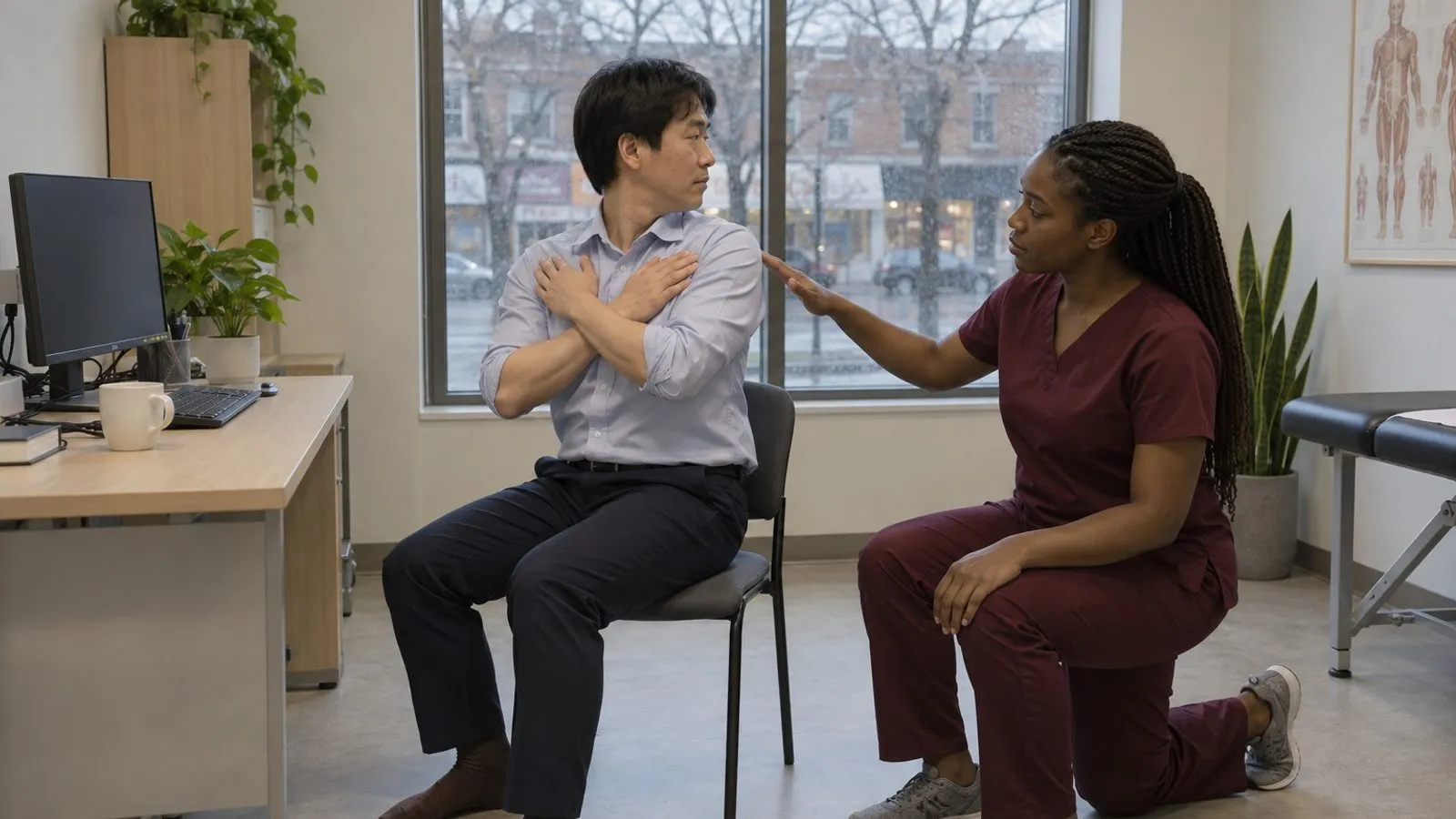 A physiotherapist watching a desk worker turn his upper body in a chair