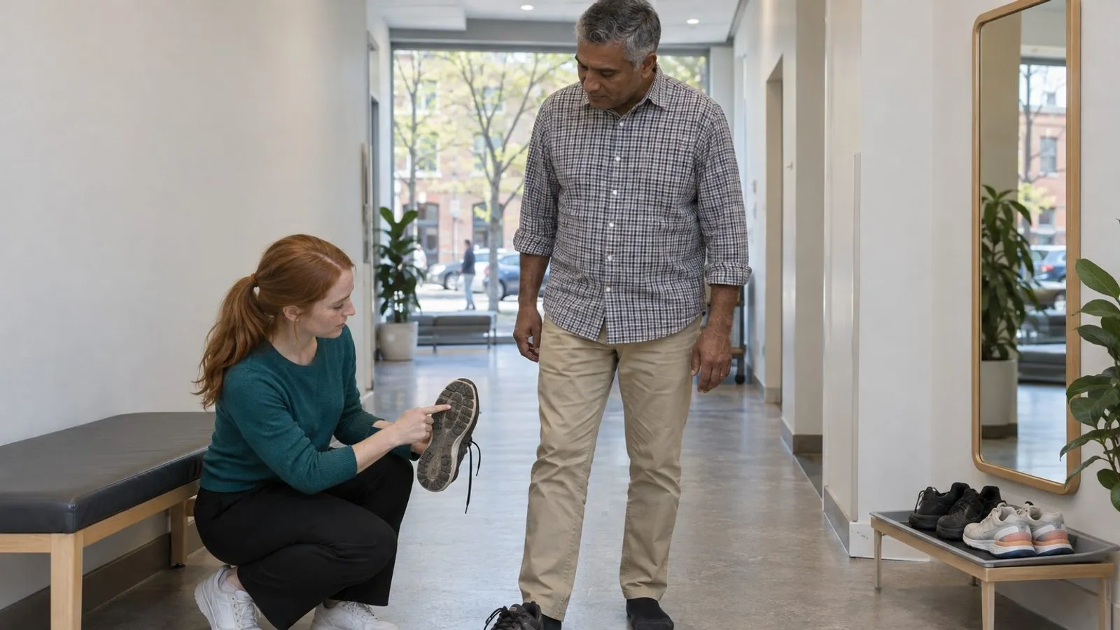 A physiotherapist pointing to the worn sole of a patient's walking shoe