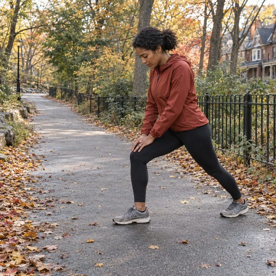 A Toronto runner easing into a controlled warm-up on a quiet park path in morning light.