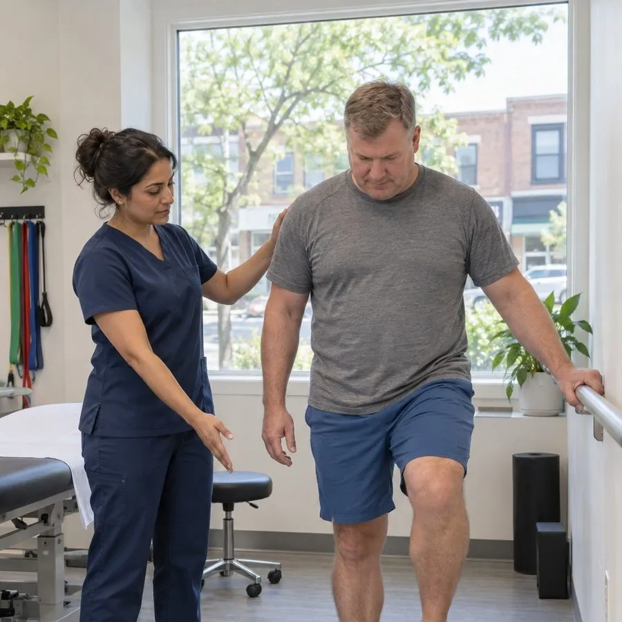 A physiotherapist guiding a patient through a supported step-down exercise in the clinic