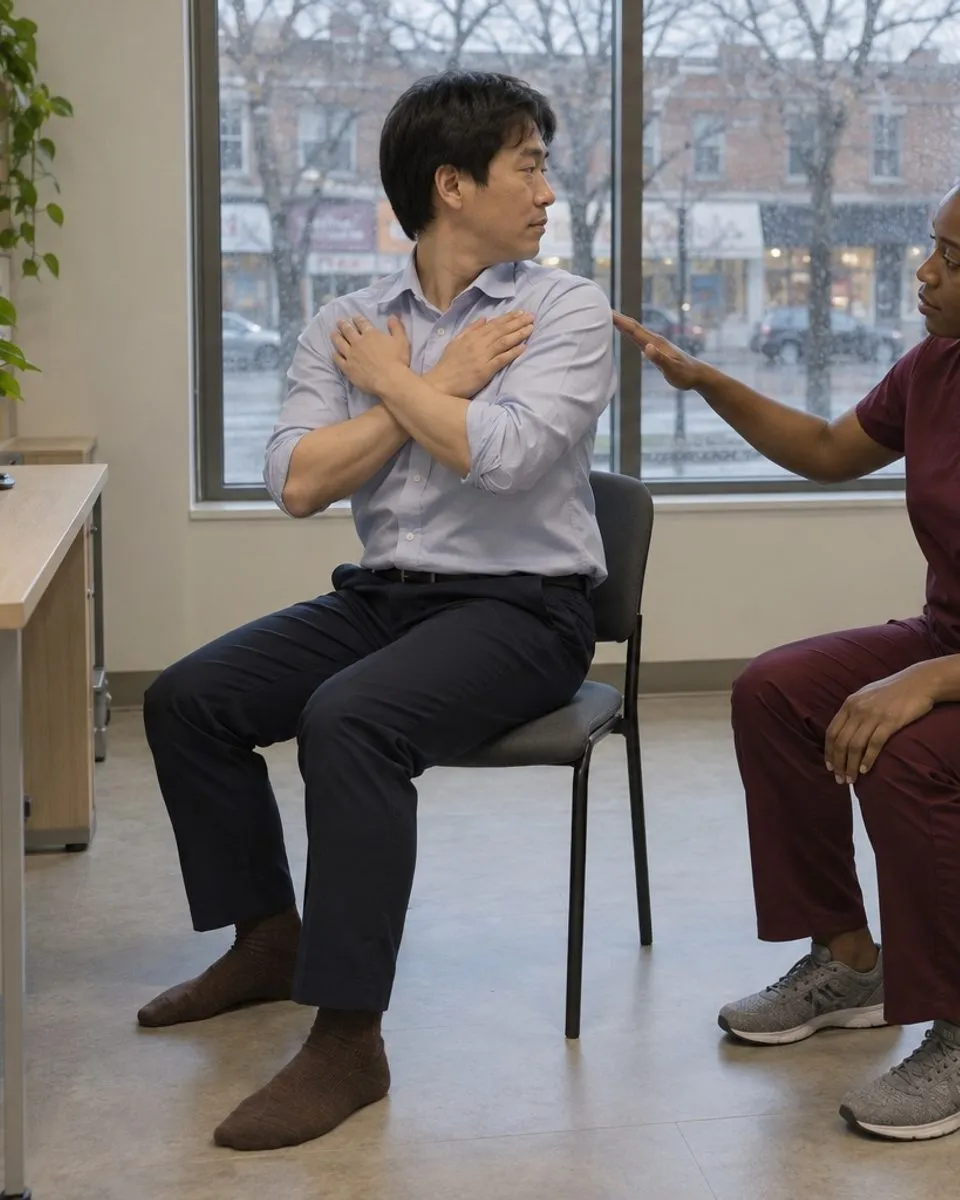 A physiotherapist watches a patient perform a controlled movement assessment